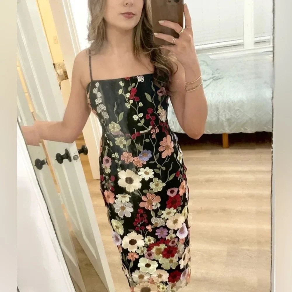 NWOT Lulus Thriving Energy Black 3D Floral Embroidered Lace-Up Midi Dress - Picture 4 of 13